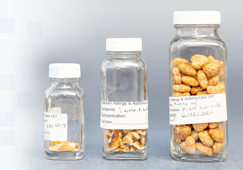 Labeled jars of peanuts and tree nuts used for oral immunotherapy dosing